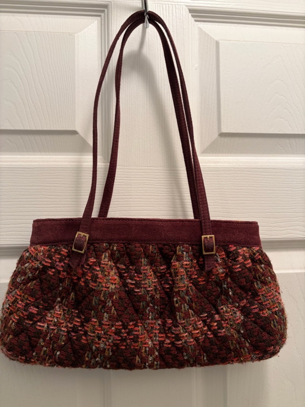 Vera Bradley Suede & Woven Shoulder Bag Burgundy Tweed Polka Dot Lining